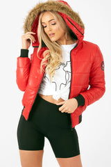 Red Faux Fur Hooded Puffer Coat - Kamorah-Coats