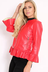 Red Faux Leather Frill Hem Jacket - Cherrie-Jackets