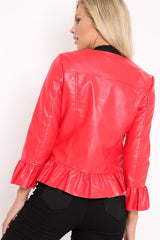 Red Faux Leather Frill Hem Jacket - Cherrie-Jackets