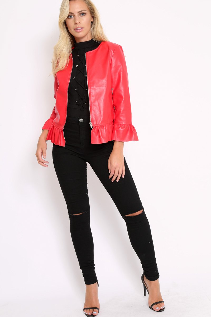 Red Faux Leather Frill Hem Jacket - Cherrie-Jackets