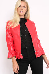 Red Faux Leather Frill Hem Jacket - Cherrie-Jackets