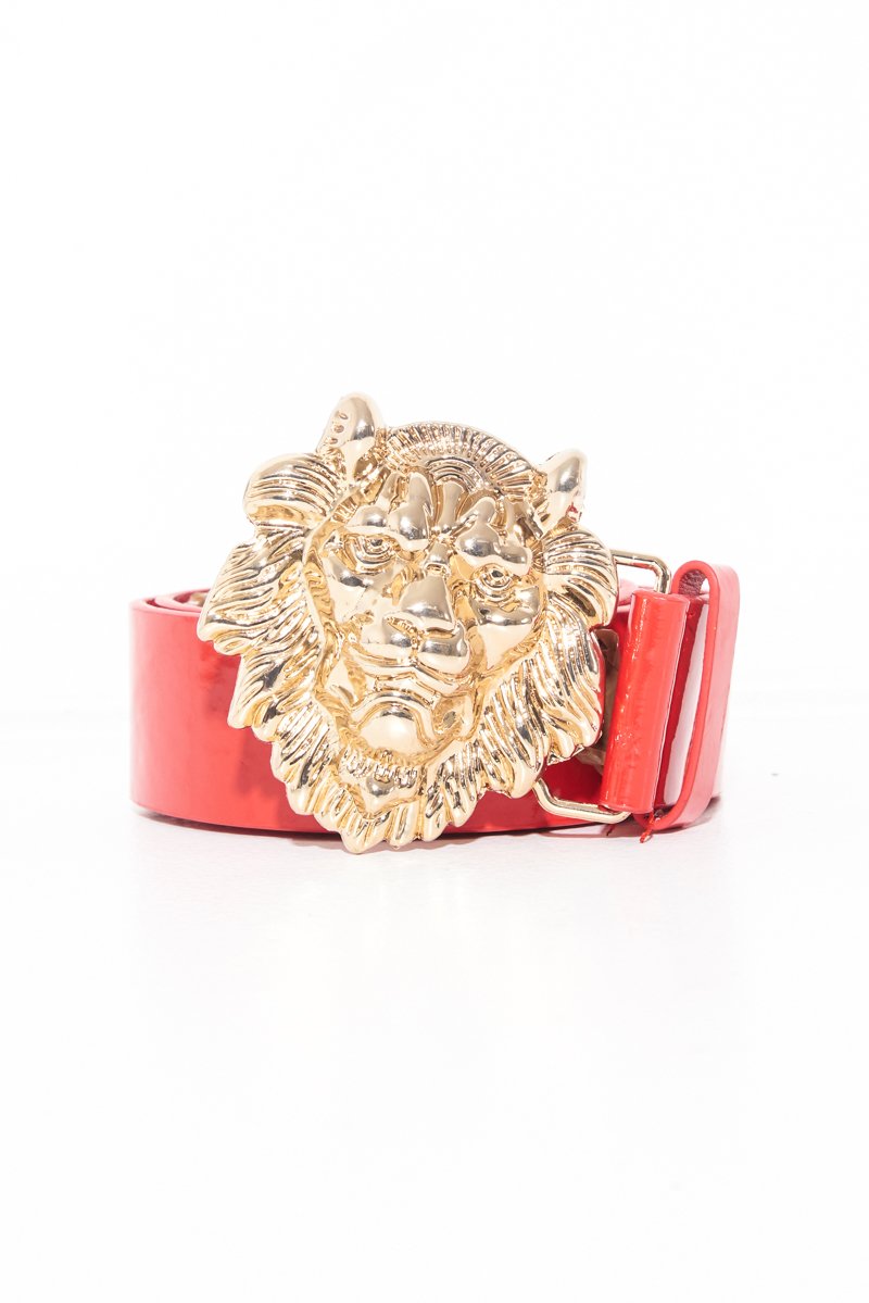 Red Faux Leather Gold Lion Head Buckle - Noha-Belts