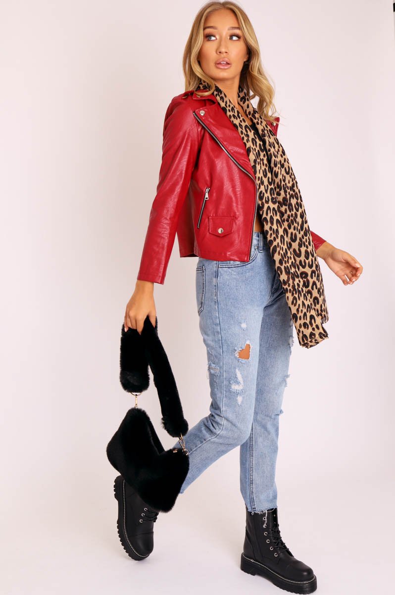 Red Faux Leather Pocket Detail Zip Front Jacket - Lara-Jackets