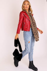 Red Faux Leather Pocket Detail Zip Front Jacket - Lara-Jackets