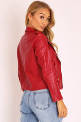Red Faux Leather Pocket Detail Zip Front Jacket - Lara-Jackets