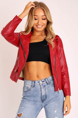 Red Faux Leather Pocket Detail Zip Front Jacket - Lara-Jackets