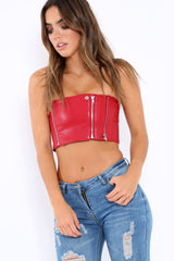 Red Faux Leather Zipper Detail Boob Tube - Tammie-Bralets