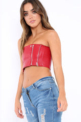 Red Faux Leather Zipper Detail Boob Tube - Tammie-Bralets
