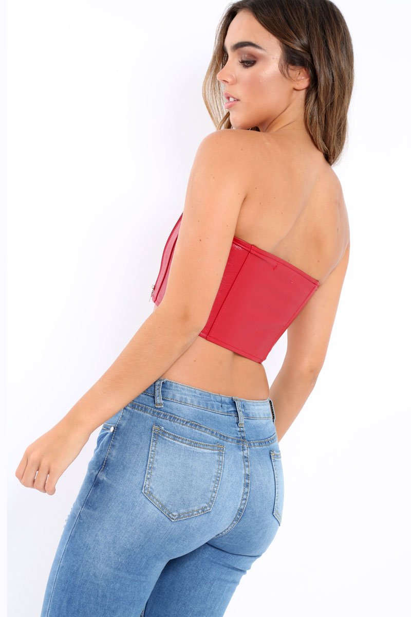 Red Faux Leather Zipper Detail Boob Tube - Tammie-Bralets