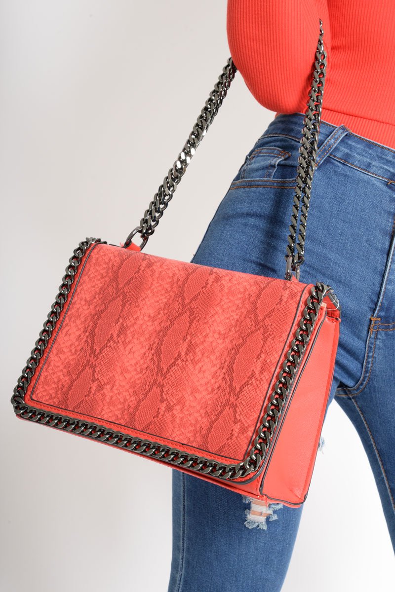 Red Faux Snake Chain Bag - Sharnie-Bags