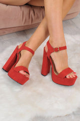 Red Faux Suede Gold Buckle Block Heels - Abreana-Heels
