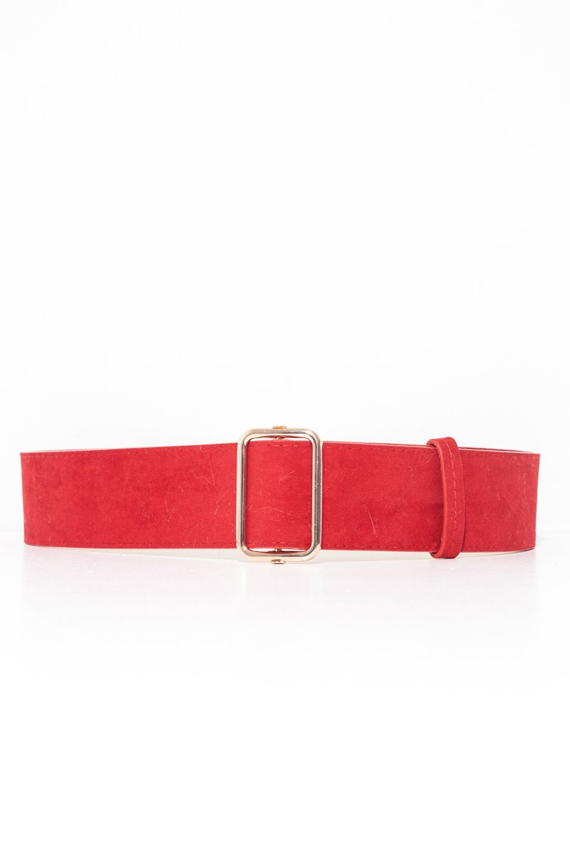 Red Faux Suede Gold Buckle Wide Belt - Tammie-Belts