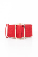 Red Faux Suede Gold Buckle Wide Belt - Tammie-Belts
