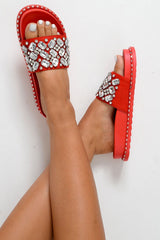 Red Faux Suede Jewel Sliders - Cosette-Sliders
