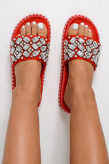 Red Faux Suede Jewel Sliders - Cosette-Sliders