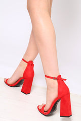 Red Faux Suede Peep Toe Block Heels - Aalia-Heels