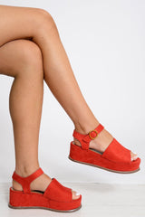 Red Faux Suede Peep Toe Flatforms - Bernetta-Wedges