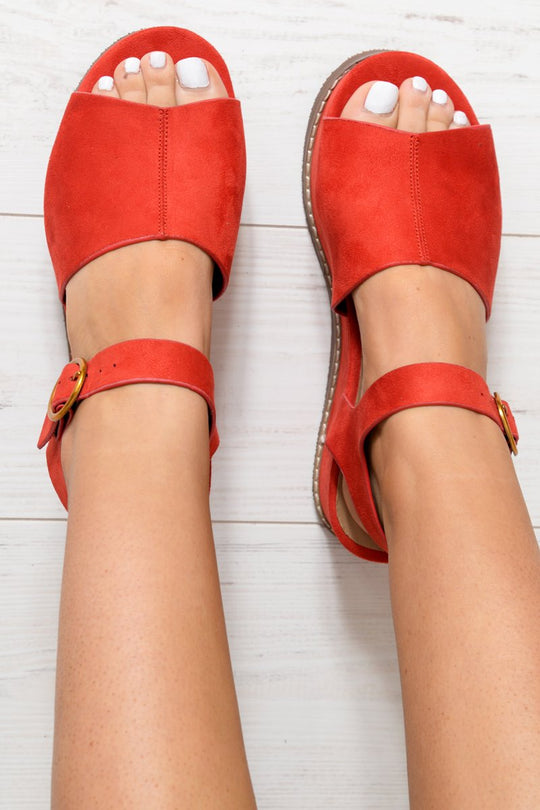 Red Faux Suede Peep Toe Flatforms - Bernetta