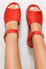 Red Faux Suede Peep Toe Flatforms - Bernetta-Wedges