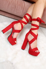 Red Faux Suede Platform Lace Up High Heels - Niara-Heels