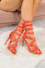 Red Faux Suede Studded Buckle Heels - Gelena-Heels