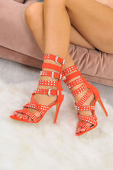 Red Faux Suede Studded Buckle Heels - Gelena-Heels