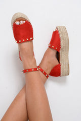 Red Faux Suede Studded Flatforms - Adabelle-Flats