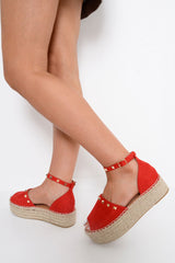 Red Faux Suede Studded Flatforms - Adabelle-Flats