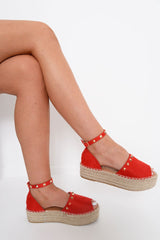 Red Faux Suede Studded Flatforms - Adabelle-Flats