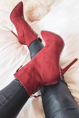 Red Faux Suede Studded Zip Up Shoe Boots - Niomi-Boots