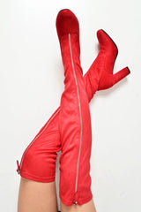 Red Faux Suede Zip Front Over The Knee Boots - Vienna-Boots