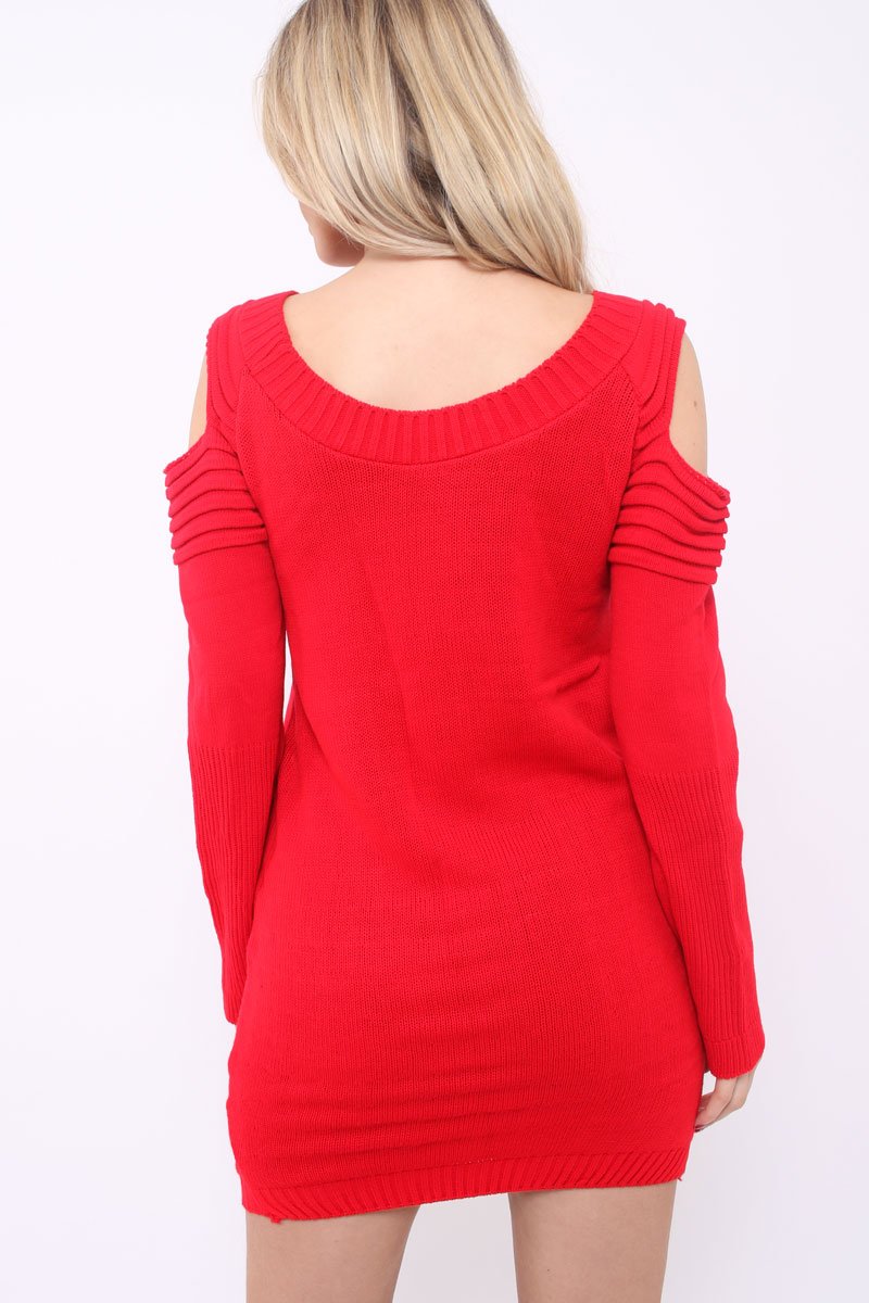 Red Festive Deer Cold Shouldered Jumper Dress - Catarina-Dresses