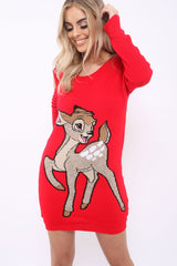 Red Festive Deer Cold Shouldered Jumper Dress - Catarina-Dresses