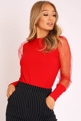 Red Fishnet Mesh Sleeve Top - Ebbie-Tops