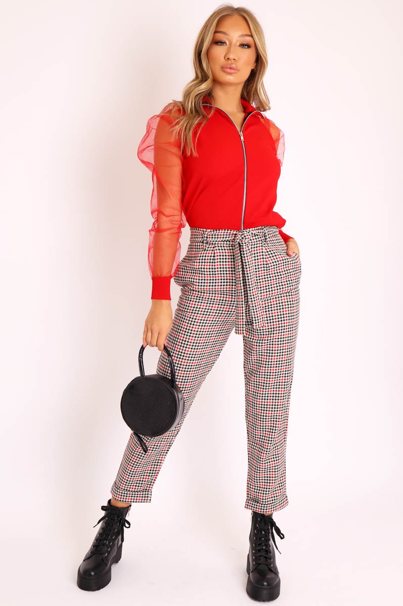 Red Fishnet Sleeve Zip Up Jacket - Cheyann-Jackets
