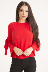Red Flared Tied Sleeve Top - Birdie-Tops