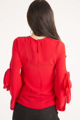 Red Flared Tied Sleeve Top - Birdie-Tops