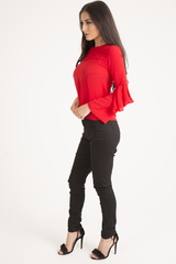 Red Flared Tied Sleeve Top - Birdie-Tops