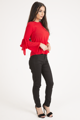 Red Flared Tied Sleeve Top - Birdie-Tops