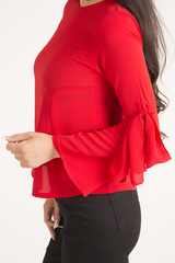 Red Flared Tied Sleeve Top - Birdie-Tops