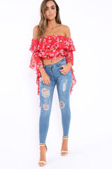 Red Floral Bardot Crop Top with Extreme Frill Sleeve - Keisha-Tops