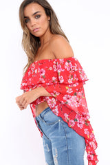 Red Floral Bardot Crop Top with Extreme Frill Sleeve - Keisha-Tops