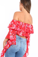 Red Floral Bardot Crop Top with Extreme Frill Sleeve - Keisha-Tops