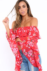Red Floral Bardot Crop Top with Extreme Frill Sleeve - Keisha-Tops