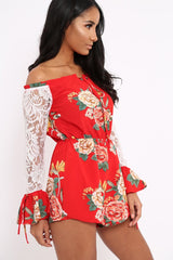 Red Floral Bardot Playsuit with Lace Sleeves - Caroline-Playsuits