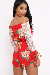 Red Floral Bardot Playsuit with Lace Sleeves - Caroline-Playsuits