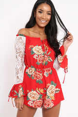 Red Floral Bardot Playsuit with Lace Sleeves - Caroline-Playsuits