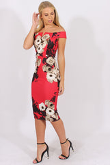 Red Floral Bardot V Front Midi Dress - Lynn-Dresses