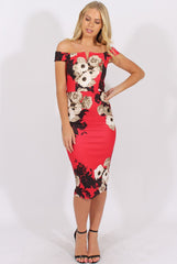 Red Floral Bardot V Front Midi Dress - Lynn-Dresses