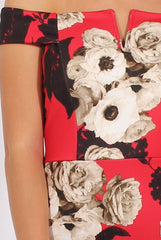 Red Floral Bardot V Front Midi Dress - Lynn-Dresses